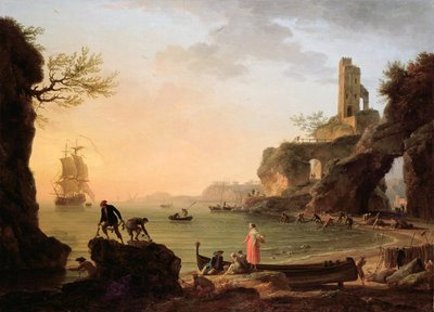 Zonsondergang, Vissers Halen Hun Netten Binnen, 1760 door Claude Joseph Vernet